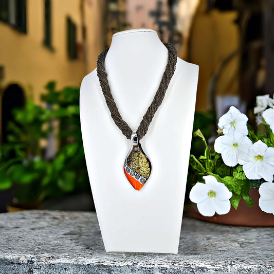 Brown Multi-Strand Italian Seed Bead Necklace with Large Gold and Orange Murano Glass Pendant  