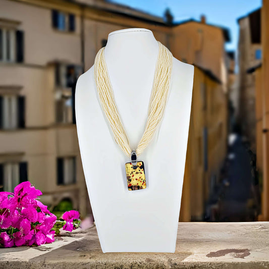 Ivory Italian Multi-Strand Seed Bead Necklace with Large Gold Murano Glass Pendant  