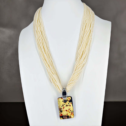 Ivory Italian Multi-Strand Seed Bead Necklace with Large Gold Murano Glass Pendant  