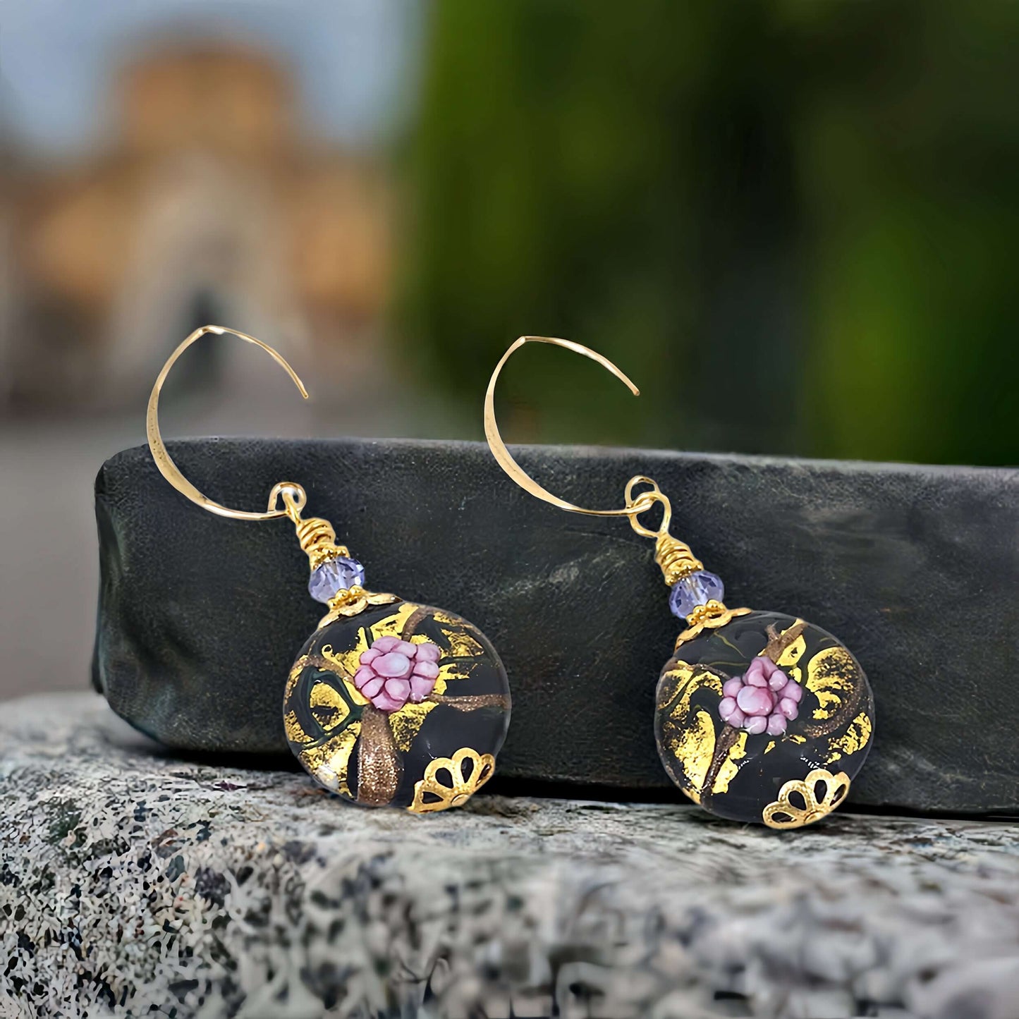 Black and Pink Floral Large Lentil Bead Murano Glass Dangle Earrings with Austrian Crystal  