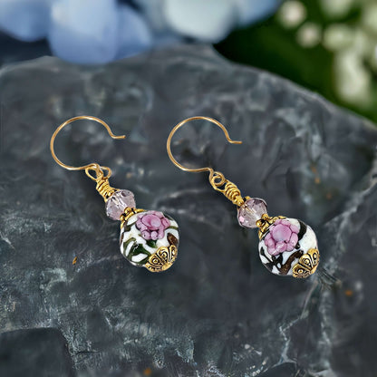 Pink Floral Round Bead Murano Glass Dangle Earrings with Austrian Crystal on Gold-Filled Earring Wires  