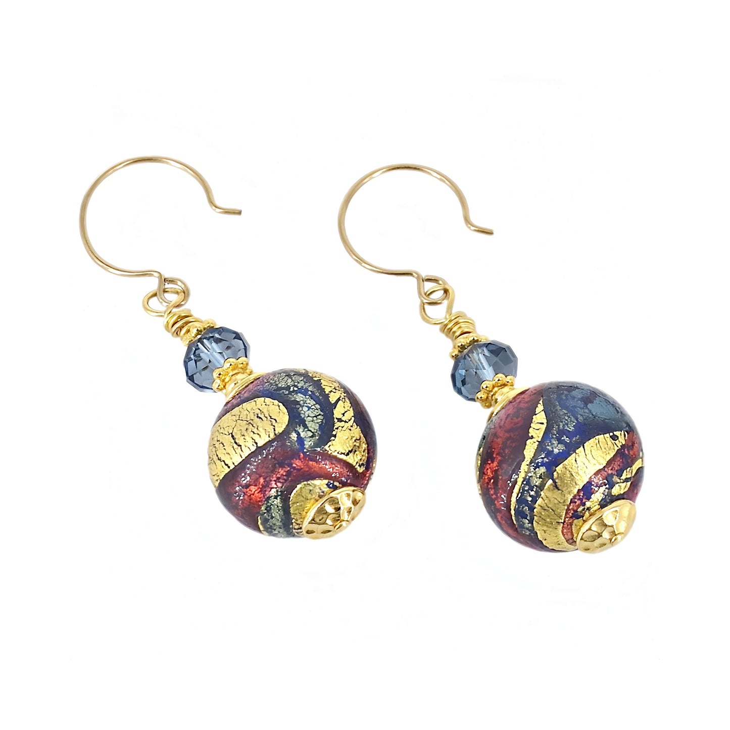 Contemporary Gold, Red and Blue Murano Glass Bead Earrings with Austrian Crystals on Gold Filled Earring Wires  