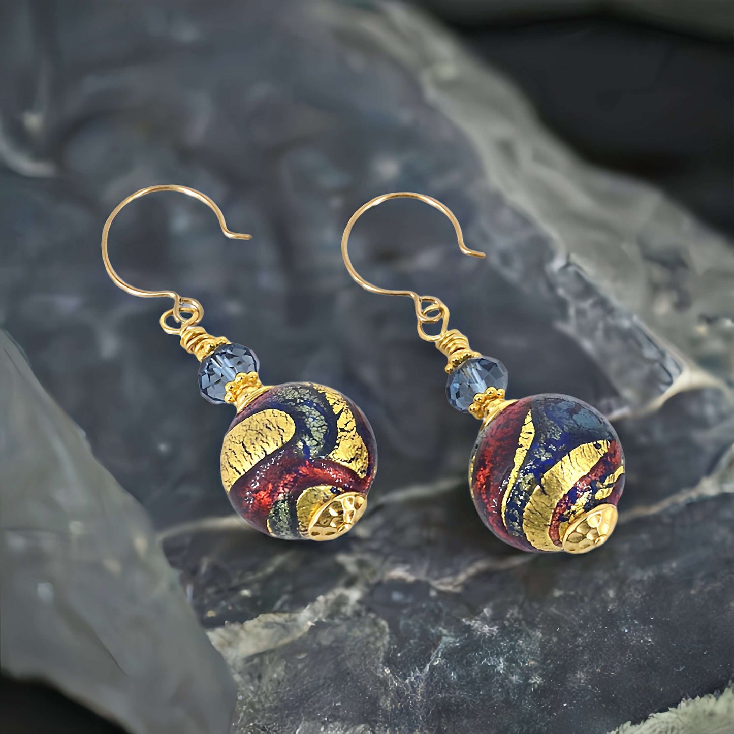 Contemporary Gold, Red and Blue Murano Glass Bead Earrings with Austrian Crystals on Gold Filled Earring Wires  