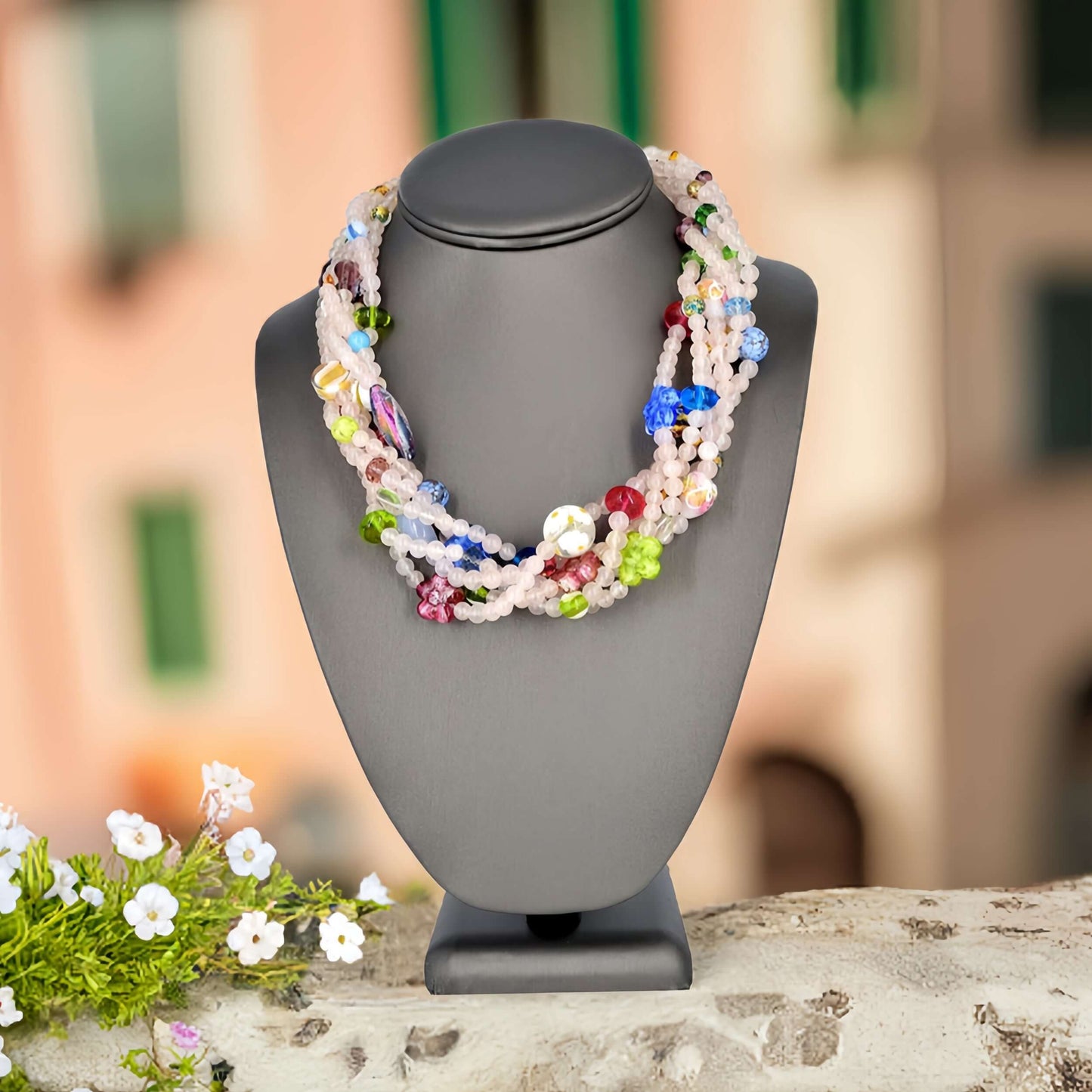 Multi- Strand Beaded Necklace, Rose Quartz Necklace with Italian Glass Beads With Sterling Silver Clasp  