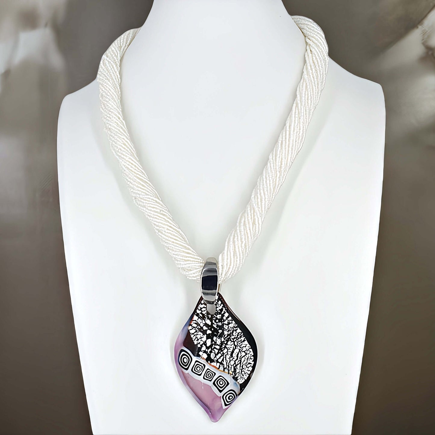 White Italian Multi-Strand Seed Bead Necklace with Large Black and Pink Murano Glass Pendant  