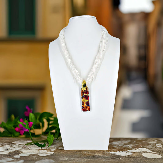 White Contemporary Italian Seed Bead Multi-Strand Necklace with Large Red Murano Glass Pendant  