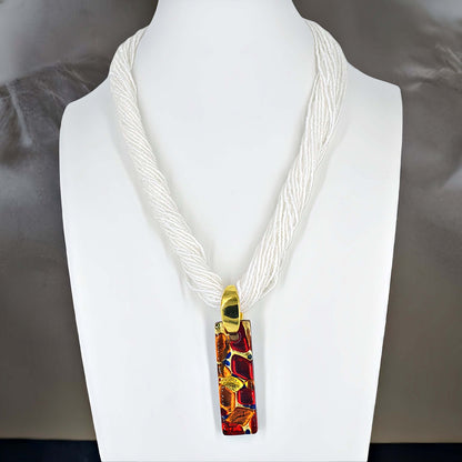 White Contemporary Italian Seed Bead Multi-Strand Necklace with Large Red Murano Glass Pendant  