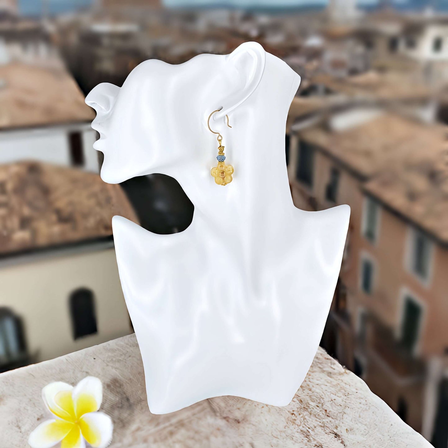 Topaz Floral Murano Bead Earrings with Blue Austrian Crystal on Gold Filled Earring Wires  