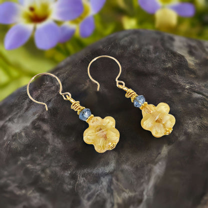 Topaz Floral Murano Bead Earrings with Blue Austrian Crystal on Gold Filled Earring Wires  